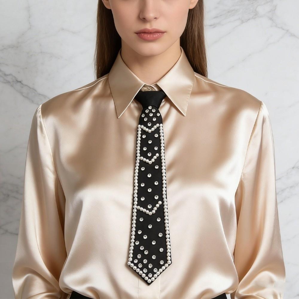 Fashion Rhinestone Pearls Tie Korean Style Black Hand-beaded Long Necktie Geometric Academic Style Decoration Shirt Tie Men