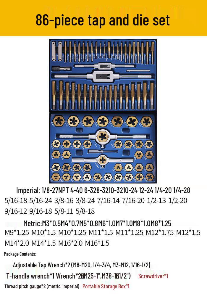 High-Speed Steel Taps & Dies Set: 5, 6, 7, 9-Piece with Tap Wrench and Threading Drill Bits.