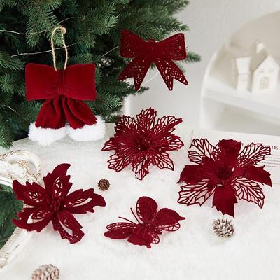 Cross-border Christmas Eve Tree Decorations: Flocking Bow & Flower Scene Pendant.