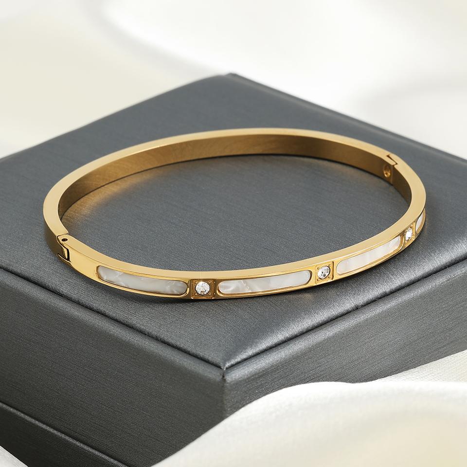 

ZAKOL Нишевый Дизайн Белый Перламутр Ракушка Нержавеющая Сталь Браслет для Женщин Мода Инкрустированный Цирконием Ежедневный Браслет Циркон Подарок