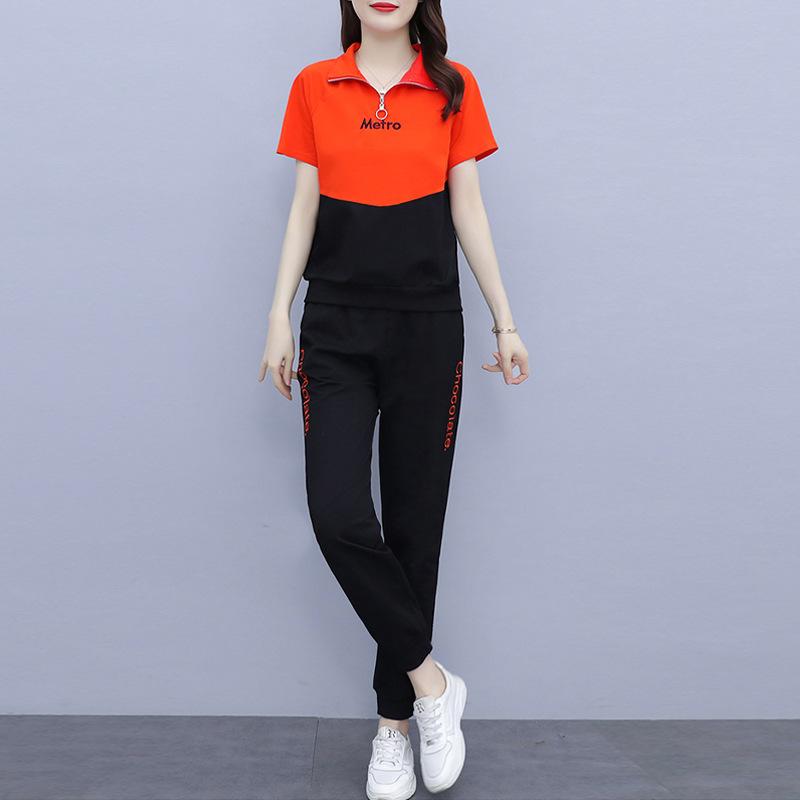 Good Korean Style Contrast Color Sweatshirt Suit Women's Large Size Fat and Slim Summer Wear Fashionable Age Reducing Trendy Sweatpants