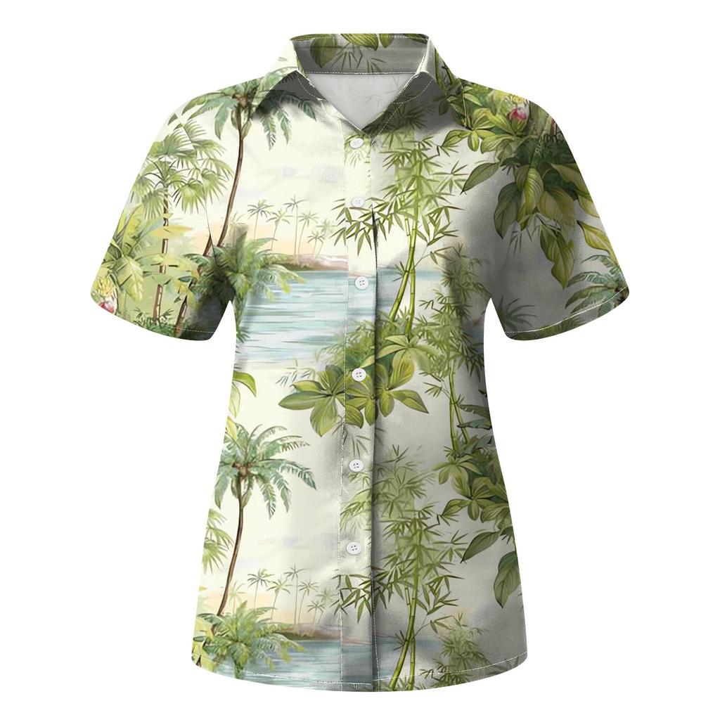 Women's Fashion Casual Hawaiian Printed Short Sleeve Buttoned Lapel Blouse Top