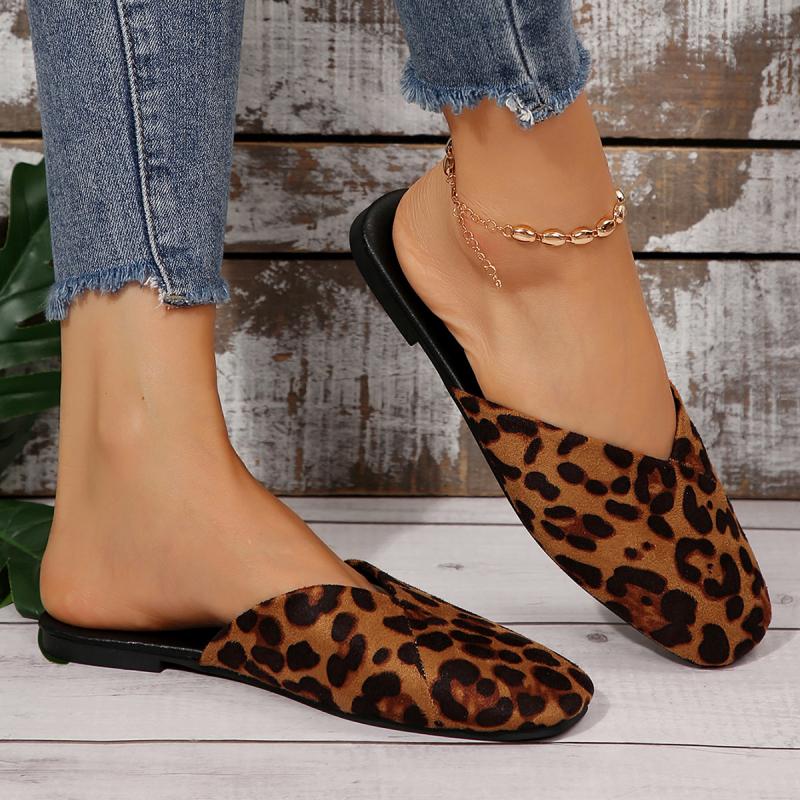 Fashion Sexy Suede Leopard Square Toe Slip On Mules Slippers Women Flat Heels Sandals Women 2025 Summer Fashion Outdoor Slippers Size 43