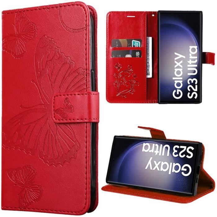 Protective Case - BOOLING - for Samsung Galaxy S23 Ultra - Synthetic Leather - Printed Butterfly - Red