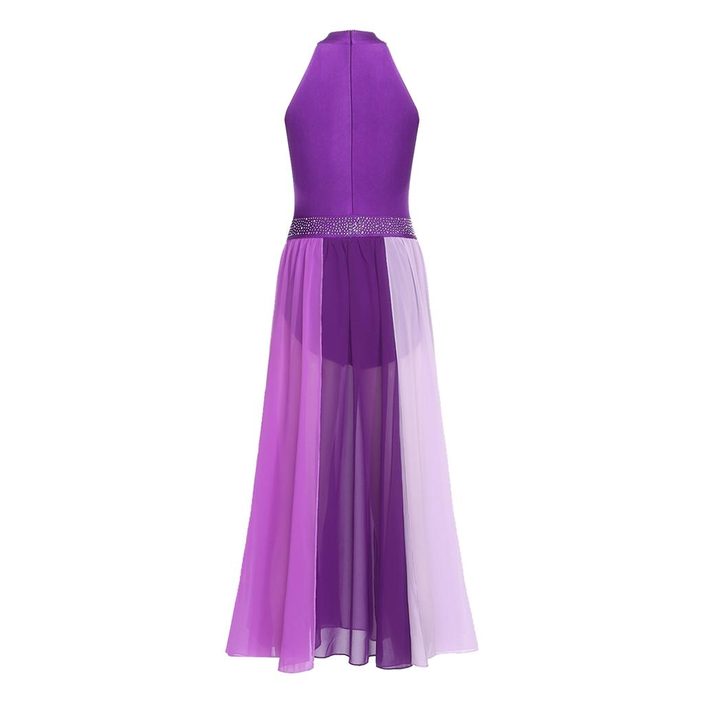 Rhinestone Color Block Mesh Leotard for Women S-XXL: Sleeveless Slit Hem Bodysuit Dress for Lyrical Contemporary Dance Costume