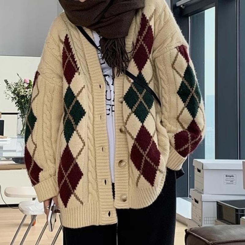 Argyle Design V-Ausschnitt Strickjacke Damen Einfach Vielseitig Damen Pullover Mantel Herbst Winter Täglich Schickes Oberteil