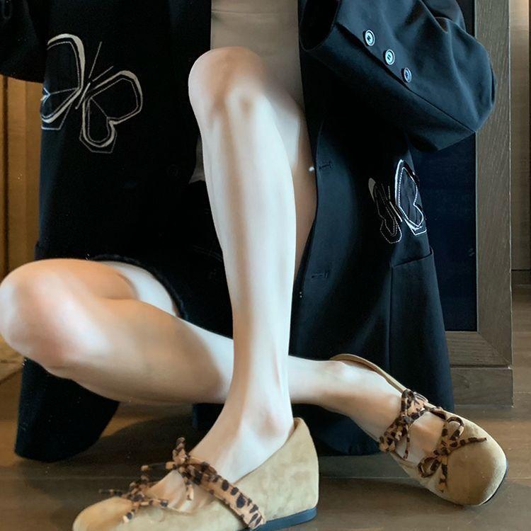 French Mary Jane shoes retro suede leopard print bow inner height increase super foreign style with skirt versatile single shoes women