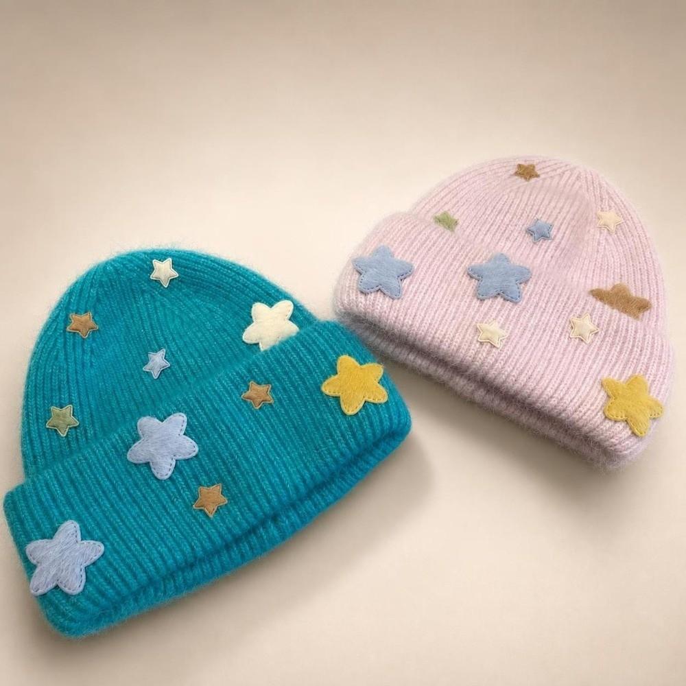 3D Star Knitted Beanie Hat Acrylic Blend Wool Knit Cap Fashion Fuzzy Beanie  For Women