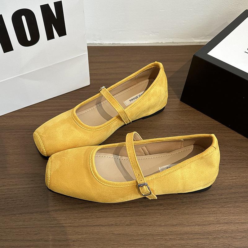 Yellow Single Shoes with Skirt Square Head Mary Jane Shoes Soft Sole Bow Ladyshoes