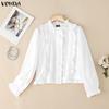 VONDA Women Casual Round Neck Ruffled Lace Hem Loose Long Sleeve Blouse