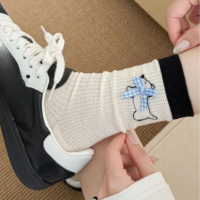 Cartoon Socks, Women's Mid-calf Socks, Trendy Early Autumn, Cute School Style, Bow, Puppy, Striped Long Socks
