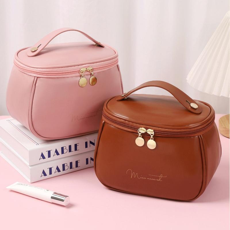 Stylish PU Leather Toiletry Organizer Bag, Large Capacity Makeup Pouch with Built-in Brush Slots