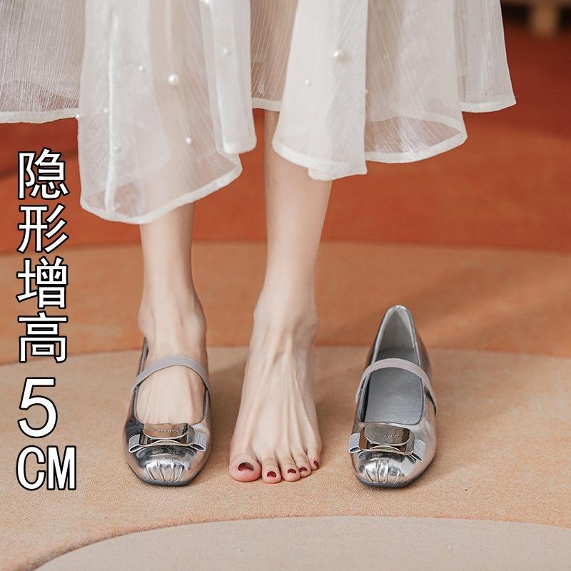 

Square head inner height increase silver sheepskin single shoes light mouth Mary Jane shoes women s new models 39 чёрный