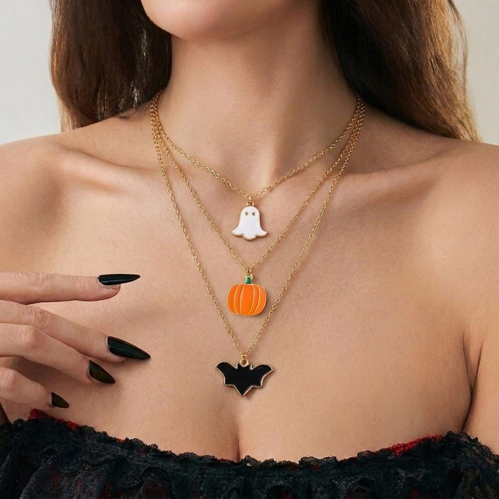 Metal Pumpkin Pendant Ring Enamel Ghost Pendant Jewelry Cute Halloween Jewelry Set Women