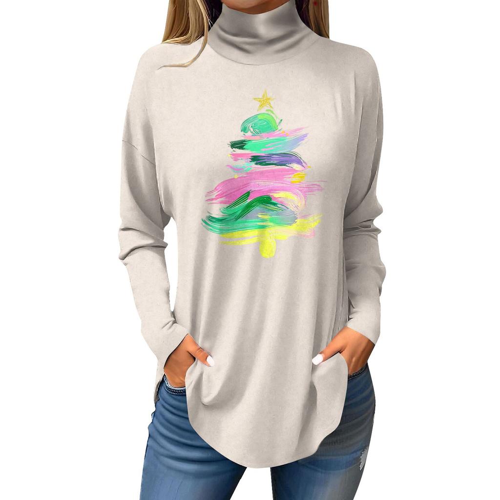 Women's Fashionable Loose-Fit High-Neck T-Shirt With Christmas Print Long-Sleeved Top