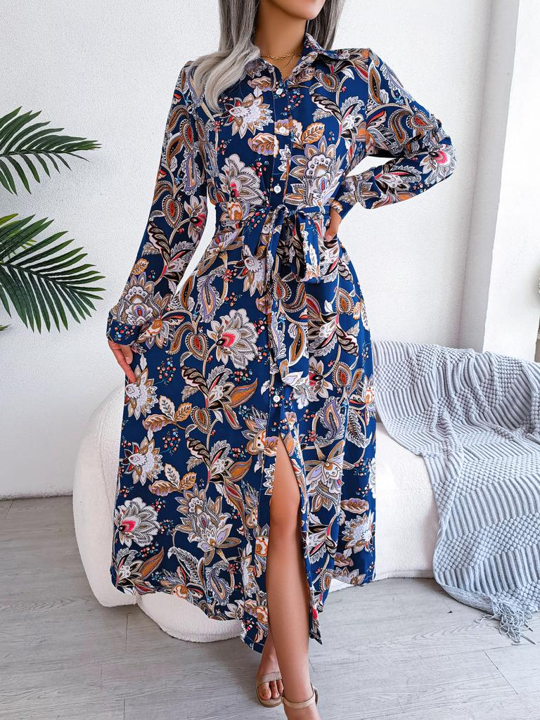 Women Retro European Style Floral Lapel Tie Waist Long Shirt Dress