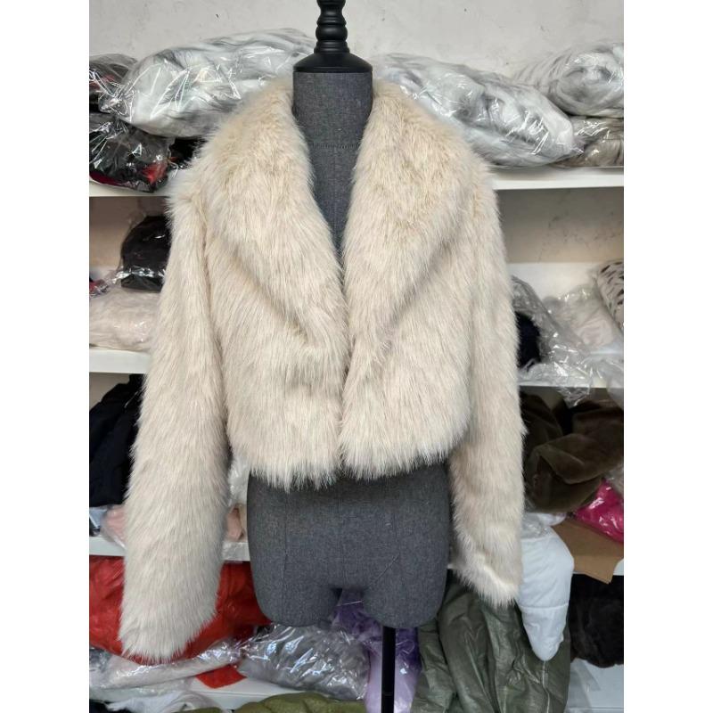 Women's Beige Faux Fur Cropped Coat Lapel Long Sleeve Warm Winter Jacket