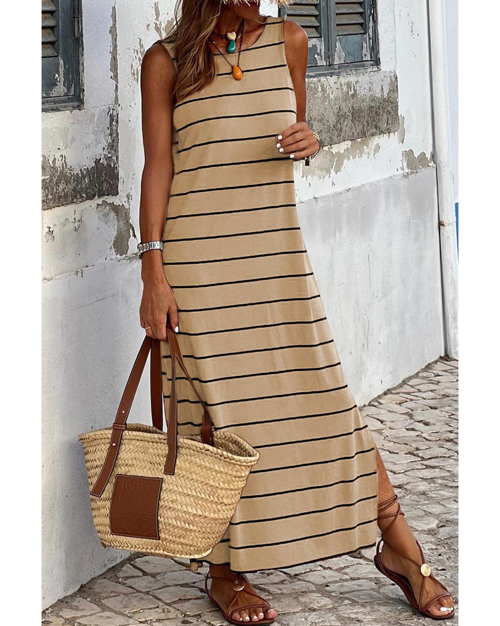 

Azura Exchange Stripe Print Open Back Maxi Dress with Slits M хакі