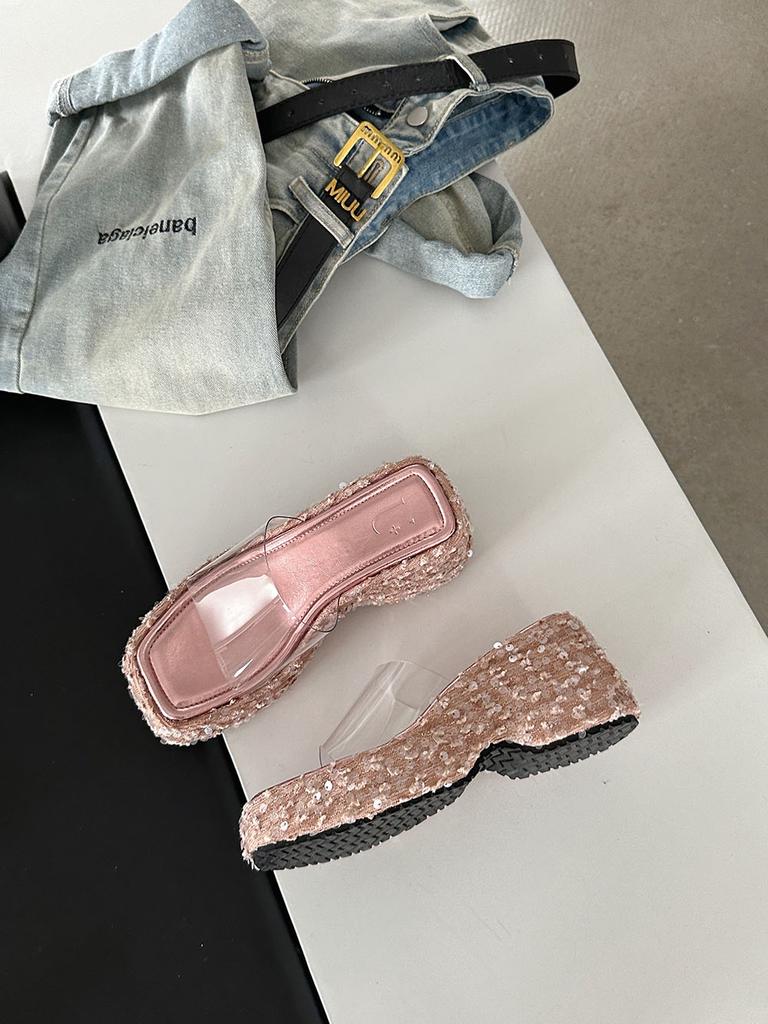 fashion Fashion Women Slippers Summer Outside Party Pumps Wedge High Heels Silver Pink Black Rhinestone Shining Sandals Slippers Size 39