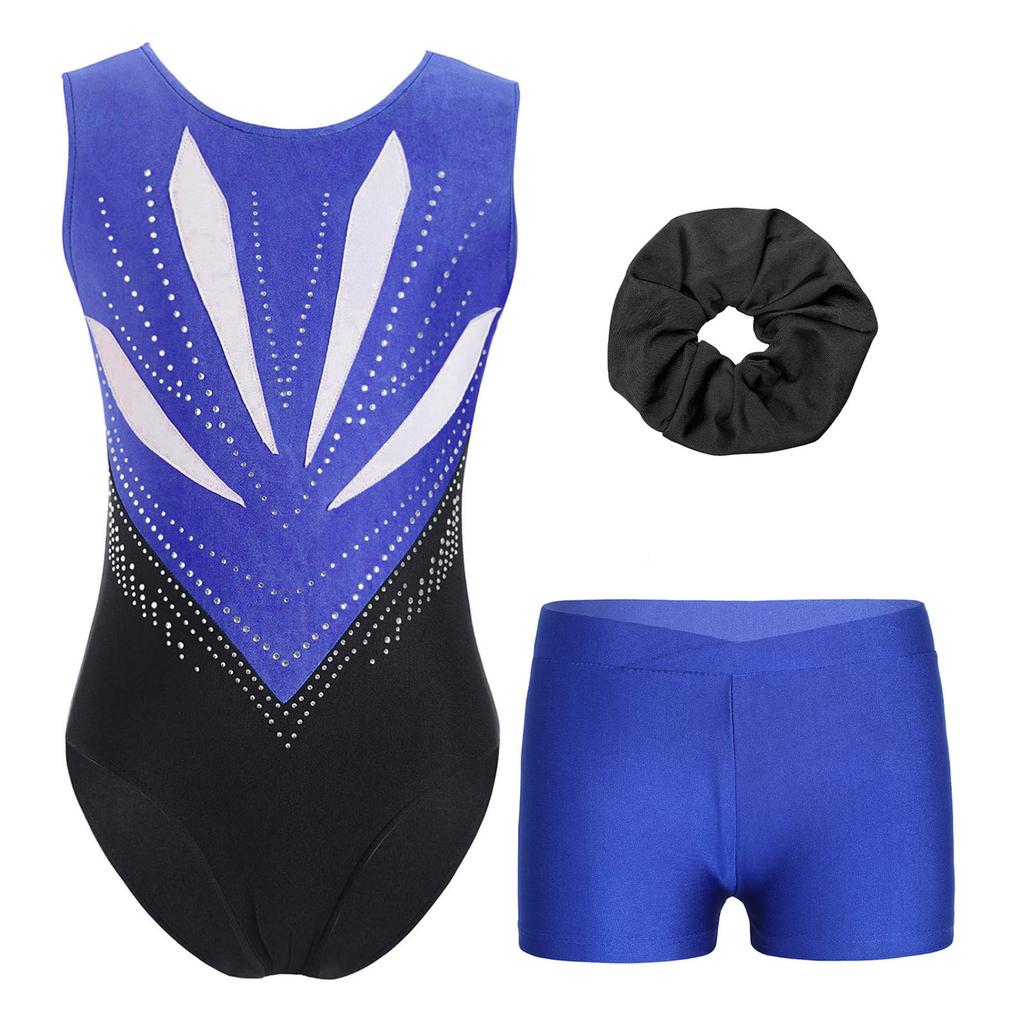 Mädchen Gymnastik Tanz Set Ärmellos Cut-out Rücken Glitzernde Strasssteine Trikot V-Bund Shorts Haargummi
