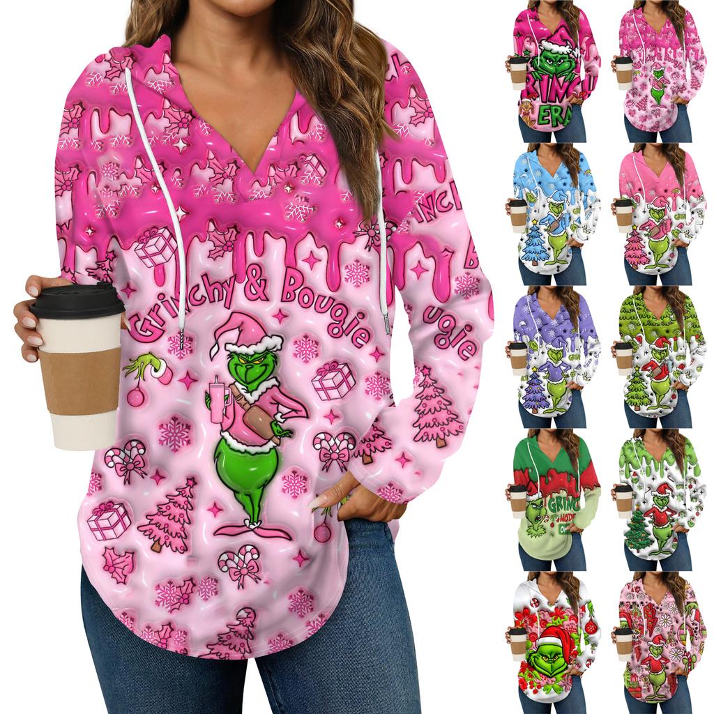 Women's Fashion Hoodies V Neck Long Sleeve Christmas Printed Drawstring Casual Loose Pullover Tops