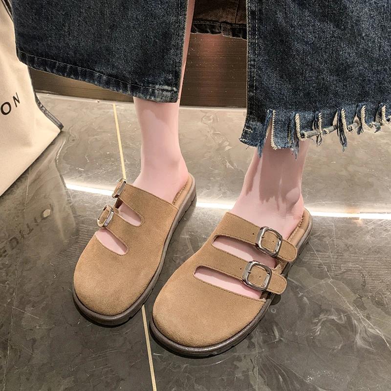 Fashion Women's Suede Mules 2024Spring and Autumn New Thick-soled Flat Shoes Boston Sandals Fashionable Slip-on Beach Women's Soft Shoes
