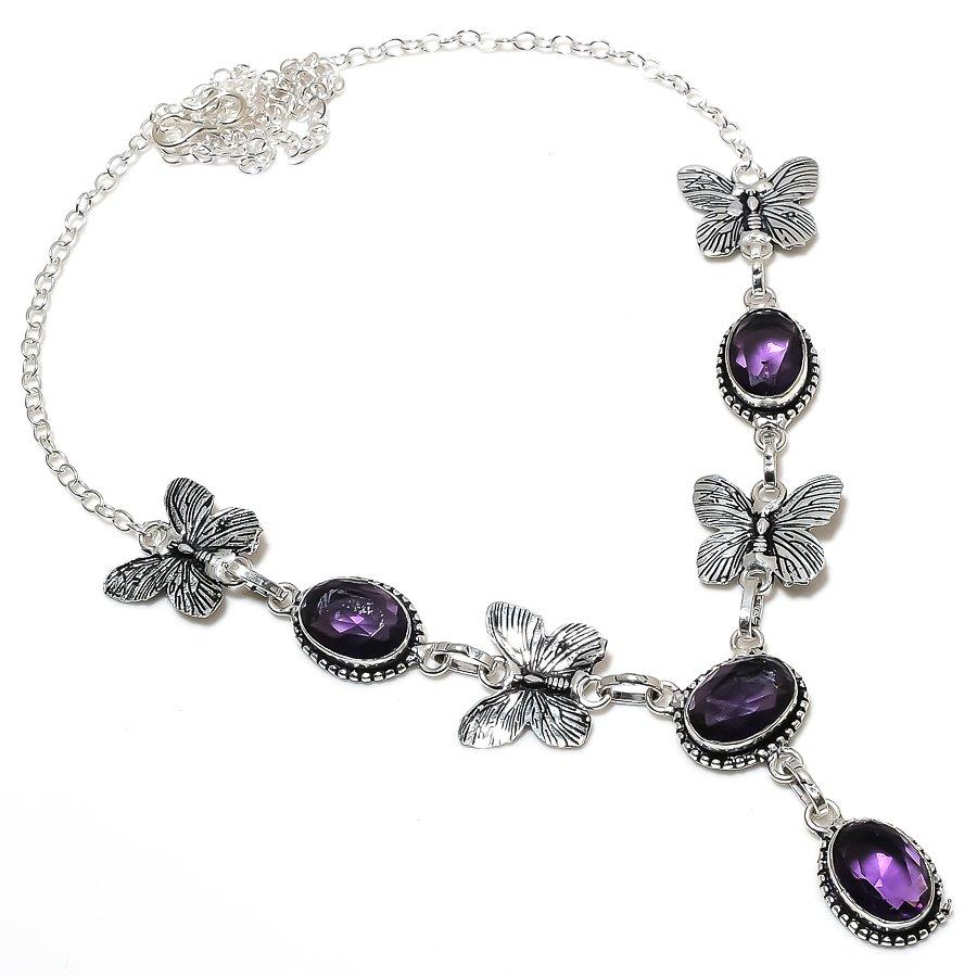 Natürlicher Amethyst Edelstein Handgefertigt 925 Sterling Silber Geschenk Halskette 18" i6e04
