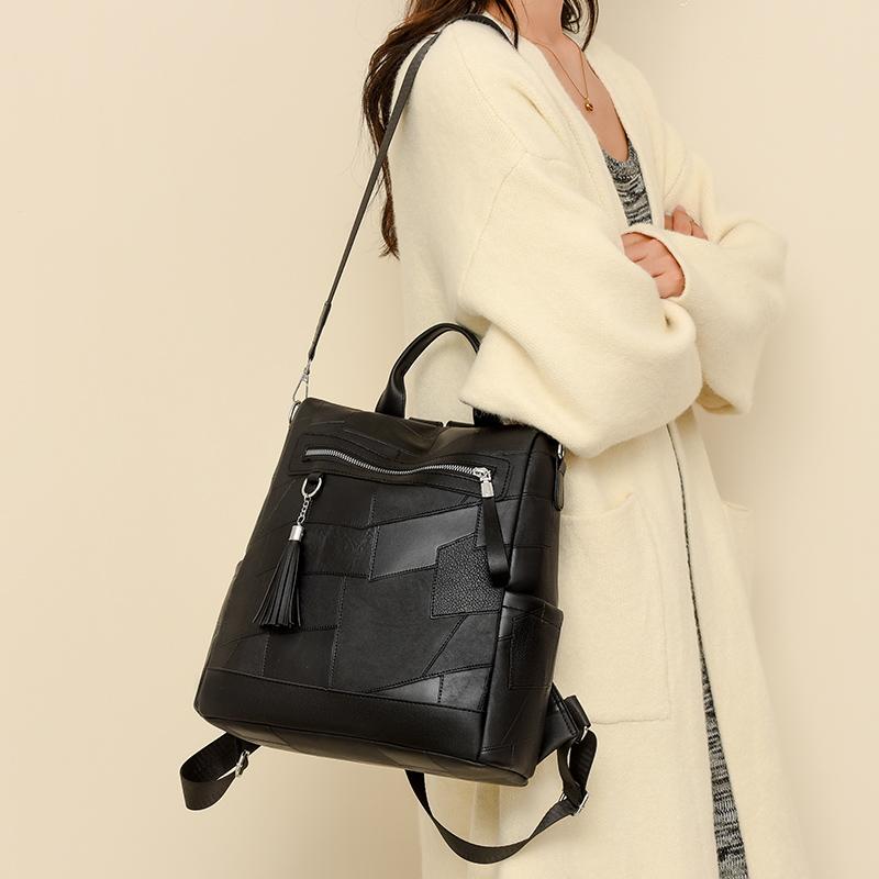 Women's PU Backpack with Patchwork Design Large Capacity Shoulder Bag for Daily Travel
