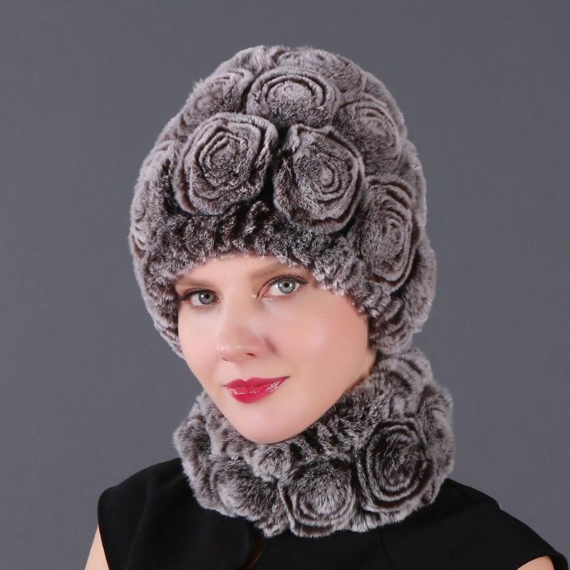 Rex Rabbit Rose Hat and Flower Scarf Set Specializing in the production of Rex Rabbit Scarf Hat Two-piece Adult Hat