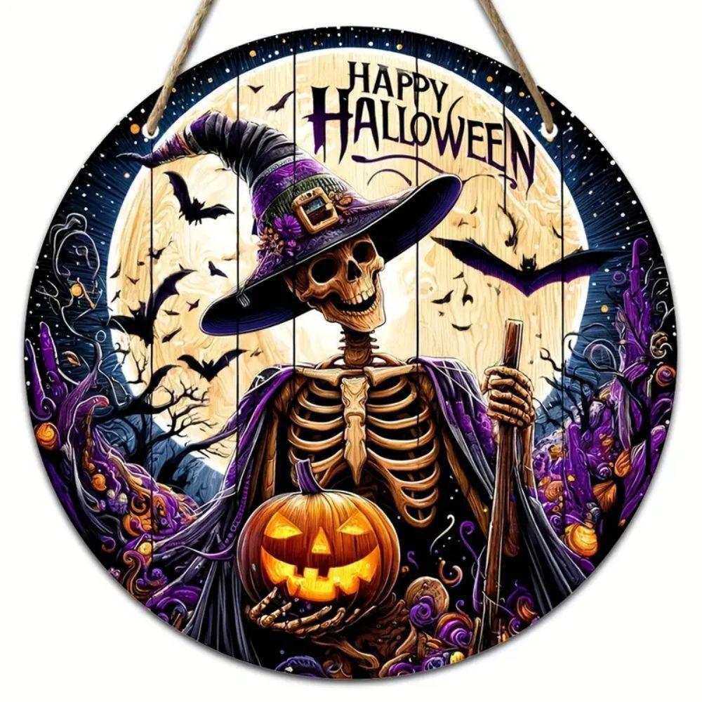 Halloween Wooden Door Plaque Craftsmanship Circular Logo Witch Pendant Home Decor