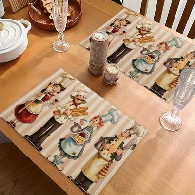 8pcs/4pcs/6pcs Chef Cartoon Placemats Linen Kitchen Theme Table Mats For Dining Home Decor Restaurant Gift (2D Chef)