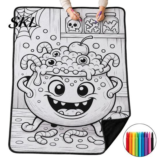 Kreativní sady pro relaxaci Halloween DIY deka na vybarvování se 24 fixami, Vybarvěte si vlastní přehoz, Přizpůsobitelná dekorace na postel, Deka,