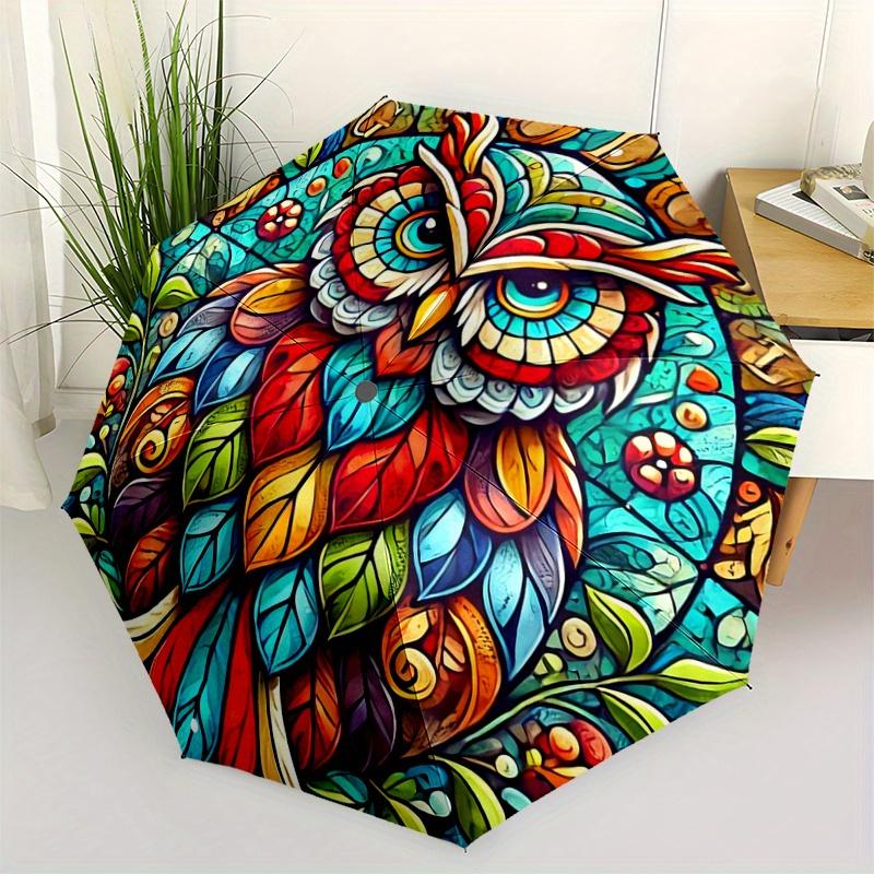 

1pc Colorful Owl Pattern Automatic Opening and Closing Umbrella - Lightweight 3-Fold Design, Suitable for Fans, Travel, Daily Use - Official Prod
