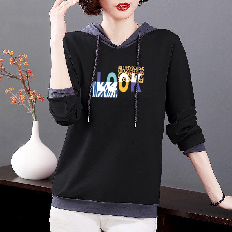 

Женская толстовка с капюшоном из чистого хлопка в корейском стиле, большого размера, свободная, универсальная, стройнящая, для среднего возраста, весна и осень Black - LOOK