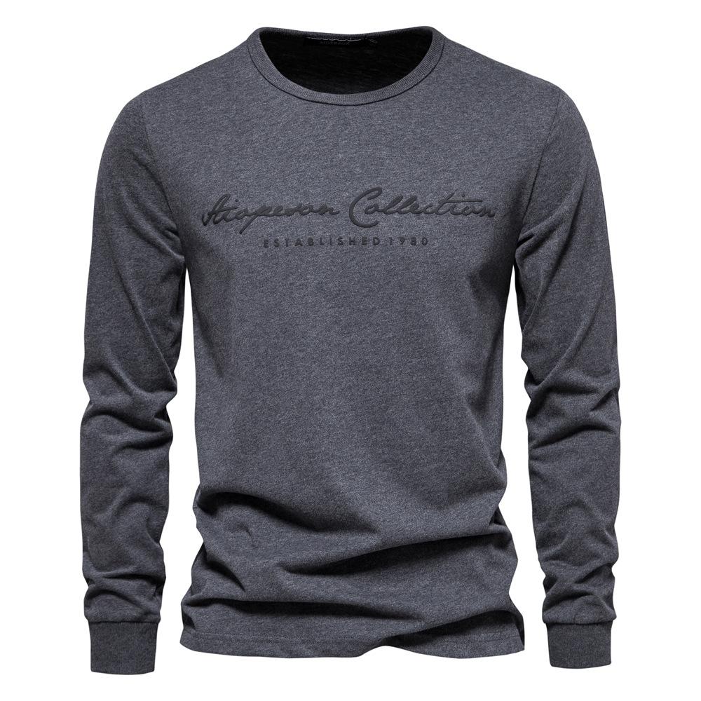 Men s New Long-sleeved Solid Color T-shirt Casual Sports Round Neck Pure Cotton Letter Print Long-sleeved Bottoming Shirt S