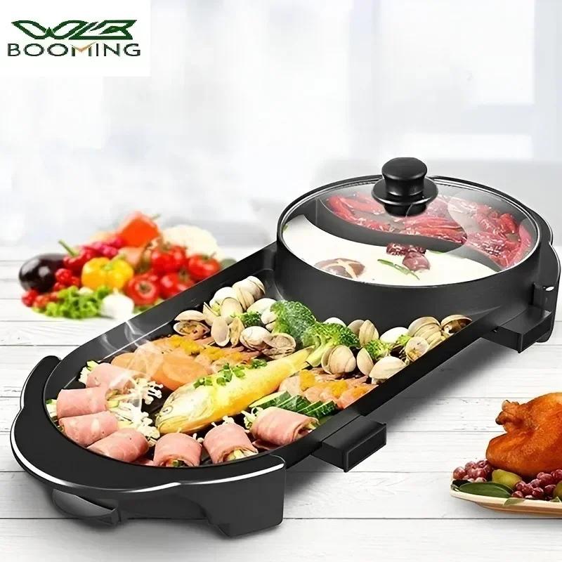Pot Barbecue Électrique 2200W 2-en-1 Fondue et Barbecue Sans Fumée Chauffage Rapide et Uniforme Contrôle Indépendant de la Double Température