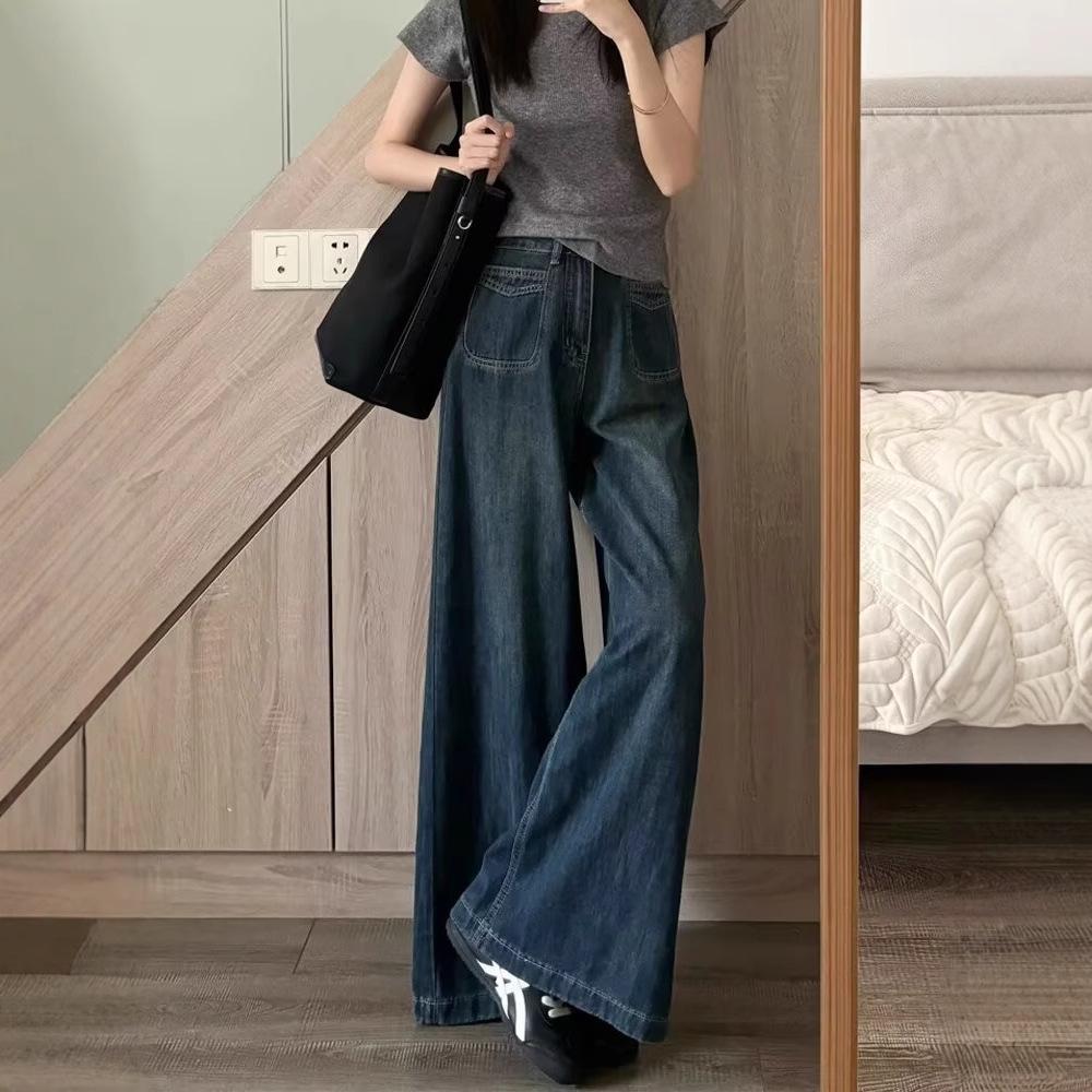 Women's Retro Wide-Leg Jeans: Plus Size, Hip Slimming, Pear-Shaped Fit, Floor-Length, Spring & Autumn Style