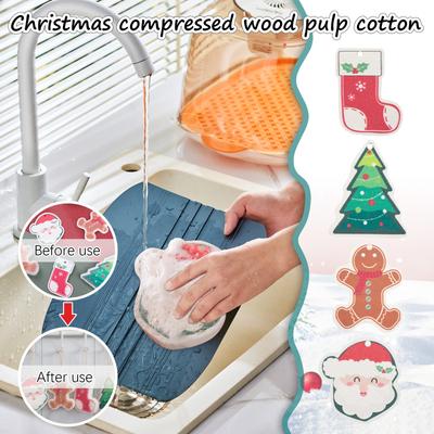 Christmas Printed Wood Pulp Dishwashing Cotton Kitchen Cleaning Water-absorbing Non-stick Oil Compressed Wood Pulp Cotton Sponge