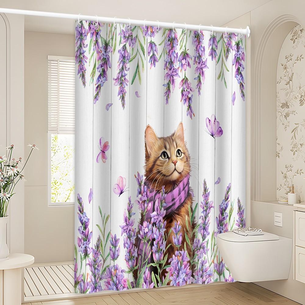 Lavender Cat Shower Curtain Purple Flowers Butterflies Cute Kitten Garden Art Elegant Bathroom Decor Waterproof Quick Setup