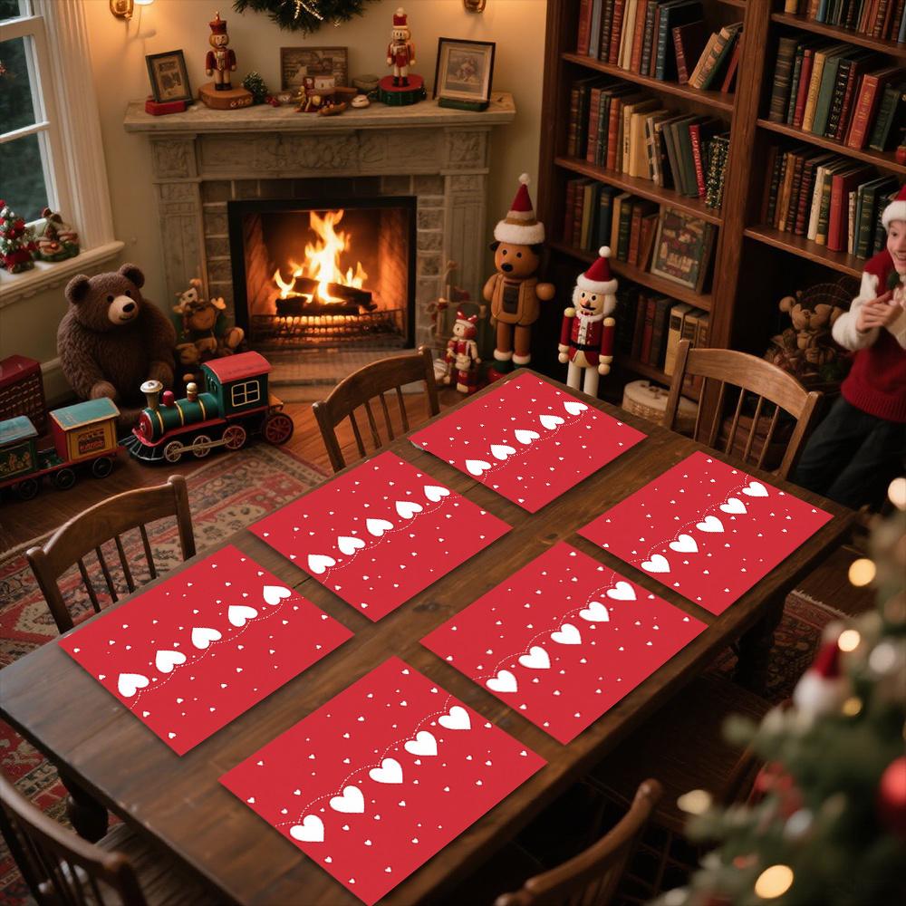 1pc or 4/6pcs Heart-Shaped Placemats - Red & Heart Pattern with Deer & Snowflake Design, Heat-Resistant Polyester Table Mats for Valentine'S Day