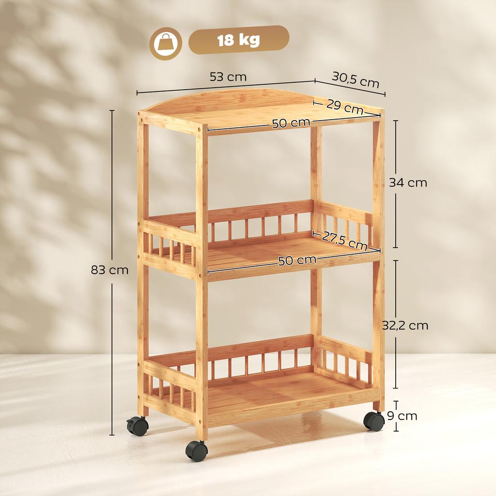 Kitchen Cart Rolling Cart with 3 Levels, Serving Cart with Storage Kitchen Shelf on Casters, for Kitchen Bathroom Office Natural Wood