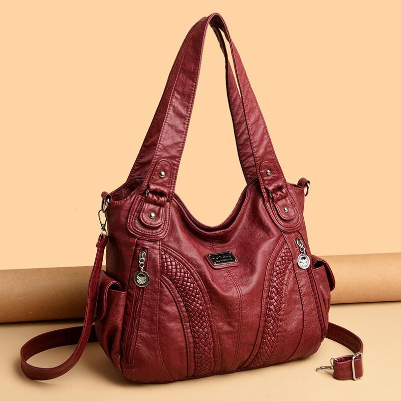 Woven Vintage Large-capacity Washed Leather Single-shoulder Crossbody Bag, Handbag, Middle-aged Mom Bag