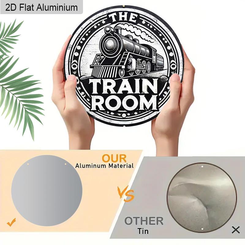 2D Flat AluminumVintage Train Room Round Metal Sign for Entryway, Bar, Cafe, Club, Kitchen, Pre-Drilled Holes for Easy Hanging, gifts for Teens