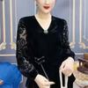 Women Plus-size Velvet Blouse Long-sleeve Lace Spliced Velvet Blouse Top Spring Autumn