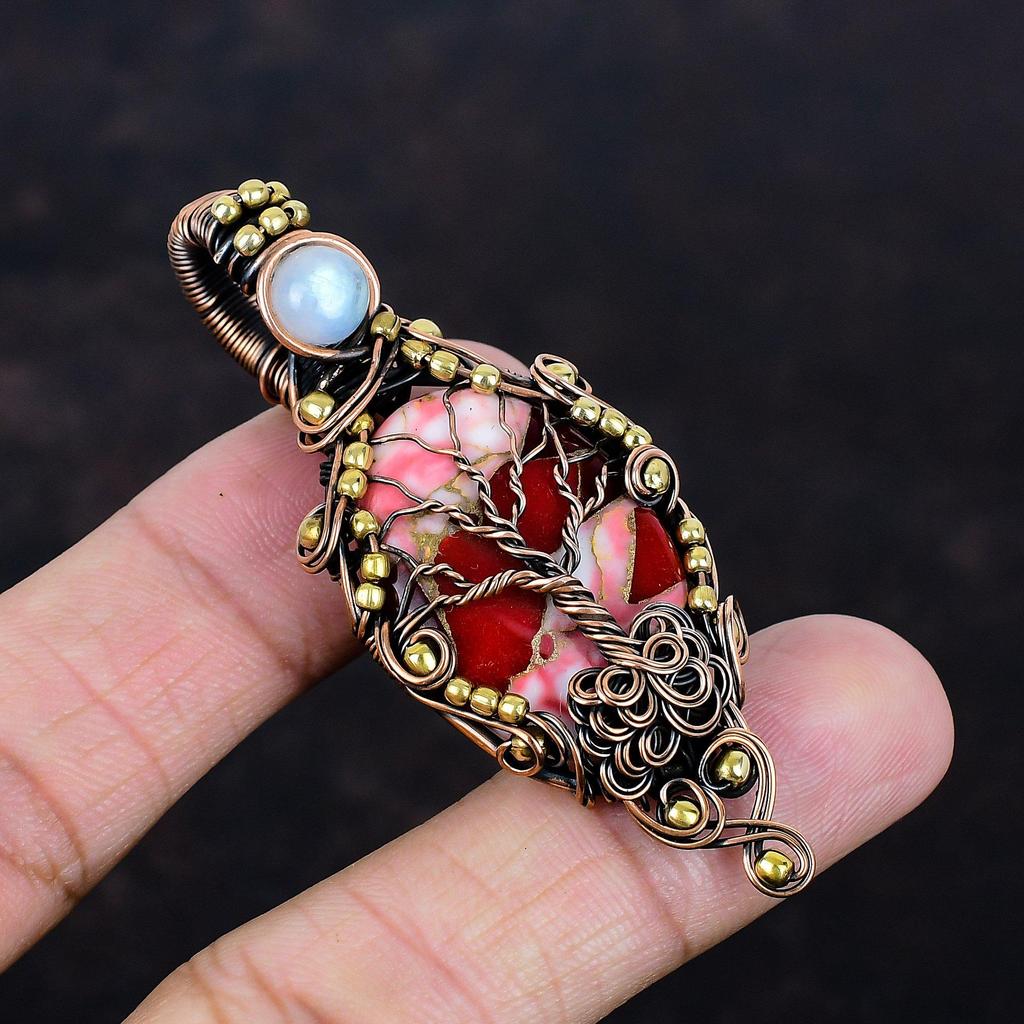 Tree of Life Kingman Red Mohave Copper Turquoise Pendant Copper Wire Wrapped Gemstone Jewelry Rainbow Moonstone Pendant Handmade Jewelry