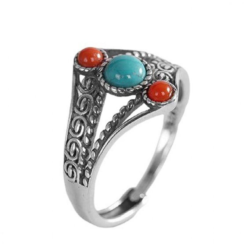 Adjustable Vintage Copper Ring With Turquoise Red Agate Inlay Hollow Carved Floral Ethnic Style Women Men