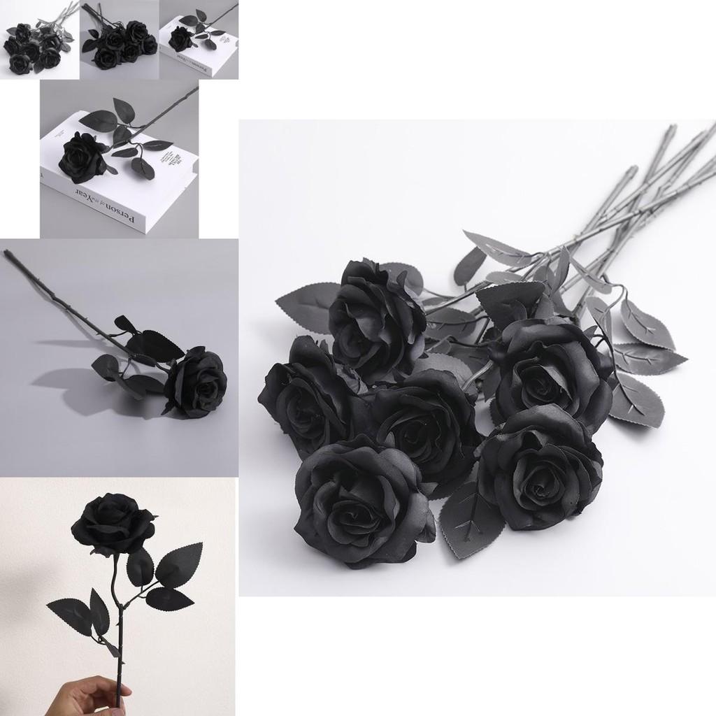 Gothic Black Rose Artificial Silk Flower Bouquet For Wedding Photography Decor