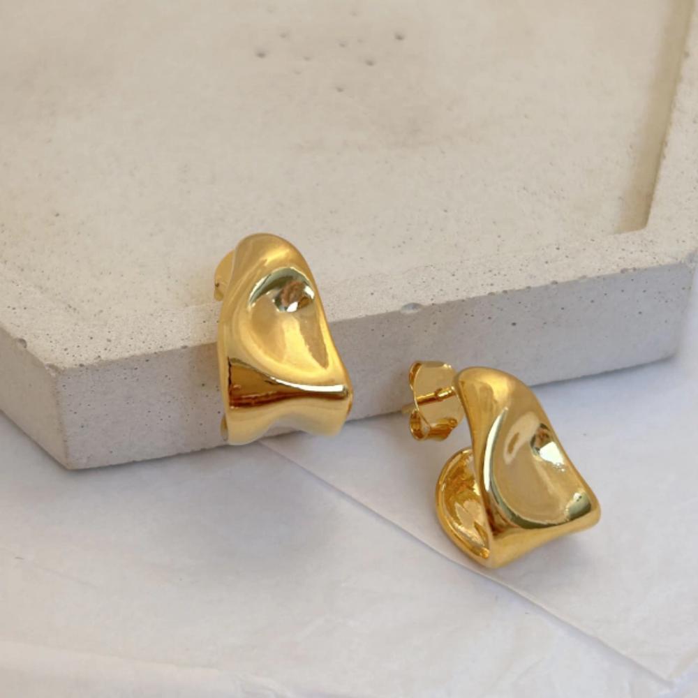 Stainless Steel Gold Color Irregular Wave Shape Hoop Earrings for Women Jewelry Silver Geometric Textured Folded Over Studs