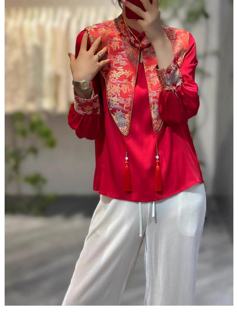 Chinese New Year 2024 Red Silk Dragon Shirt with Trumpet Sleeves