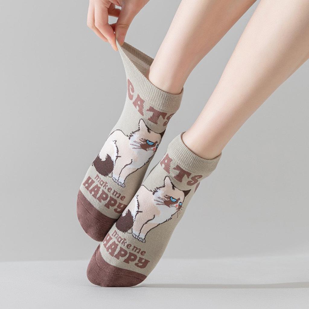 5 Pairs Creative Cute Cartoon Cat Pattern Comfy BreathableAnkle Short Women Socks Suit In Spring Summer For Daily